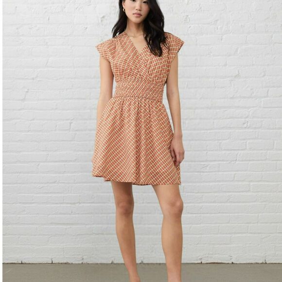 Banana Republic Factory Voile Mini Dress Size L Shirred Waist Orange Geo Print - Picture 1 of 16